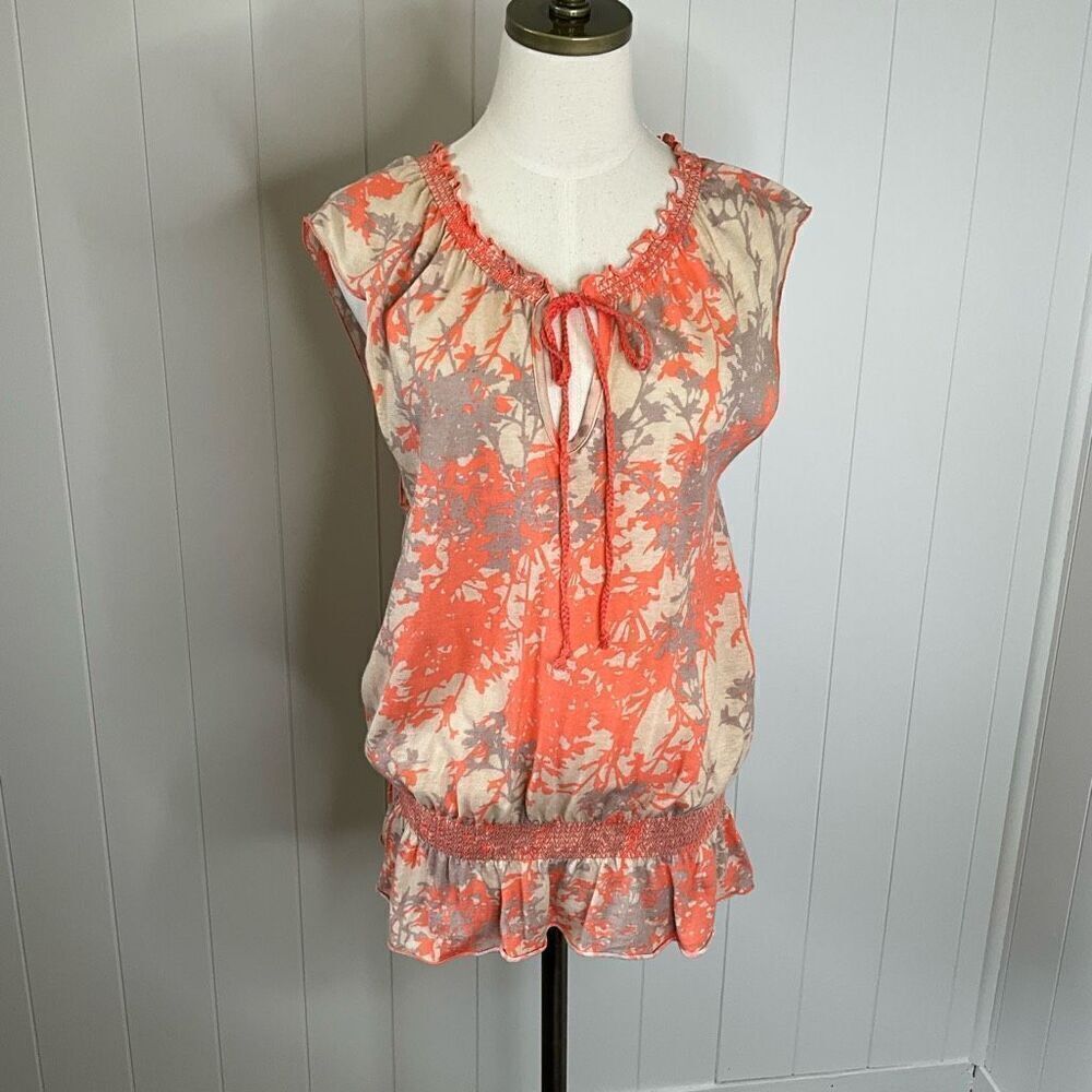 DKNY Jeans Womens Small Pullover Sleeveless Blouse Orange Tan Tie Neck Cotton